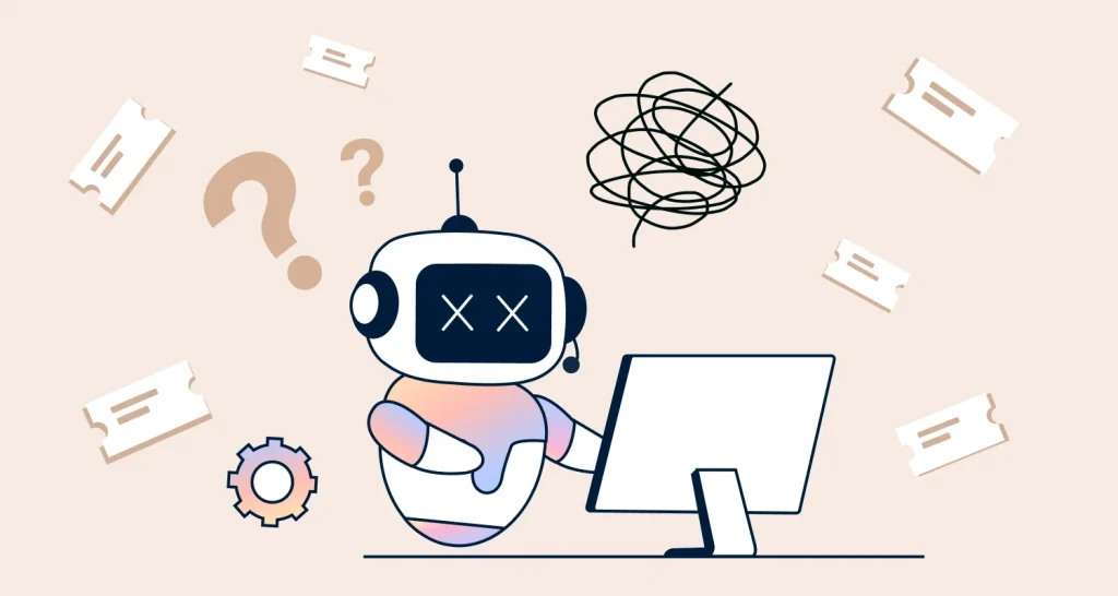 AI customer support challenges illustrated by an AI assistant facing tickets, questions, and workflow complexity at a help desk