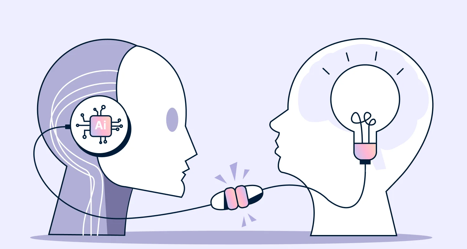 Infographic showing a robot head with AI chip and a human head with a lightbulb brain connected by a cable, depicting synergy