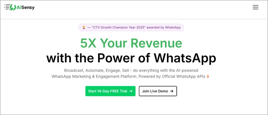 Infographic of the AiSensy website showcasing WhatsApp chatbot automation and WhatsApp chatbot for business growth