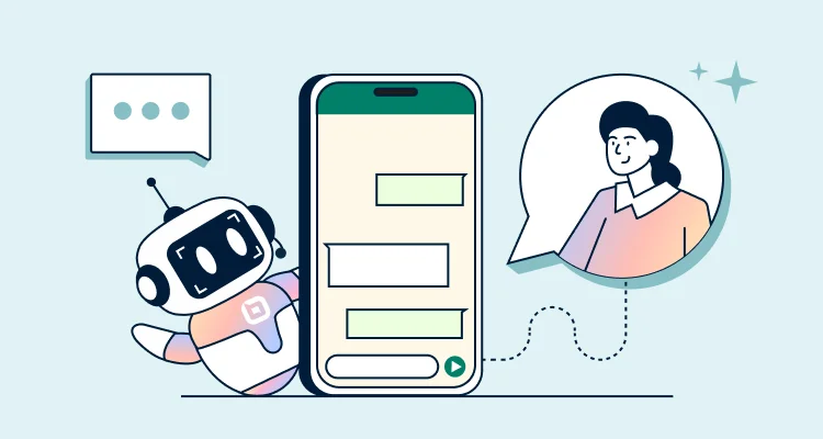Image of a smartphone illustrating WhatsApp chatbot automation for business with an AI robot and human agent handoff