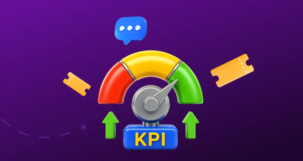 Support KPIs illustration showing service metrics, response tracking, and performance improvement