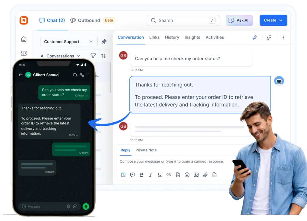 Image showing a man using a WhatsApp AI chatbot on his smartphone to check order status via an automated support platform