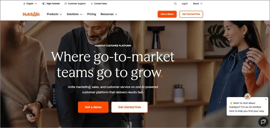 Infographic of the HubSpot homepage showing a WhatsApp chatbot for business and automated customer service workflows