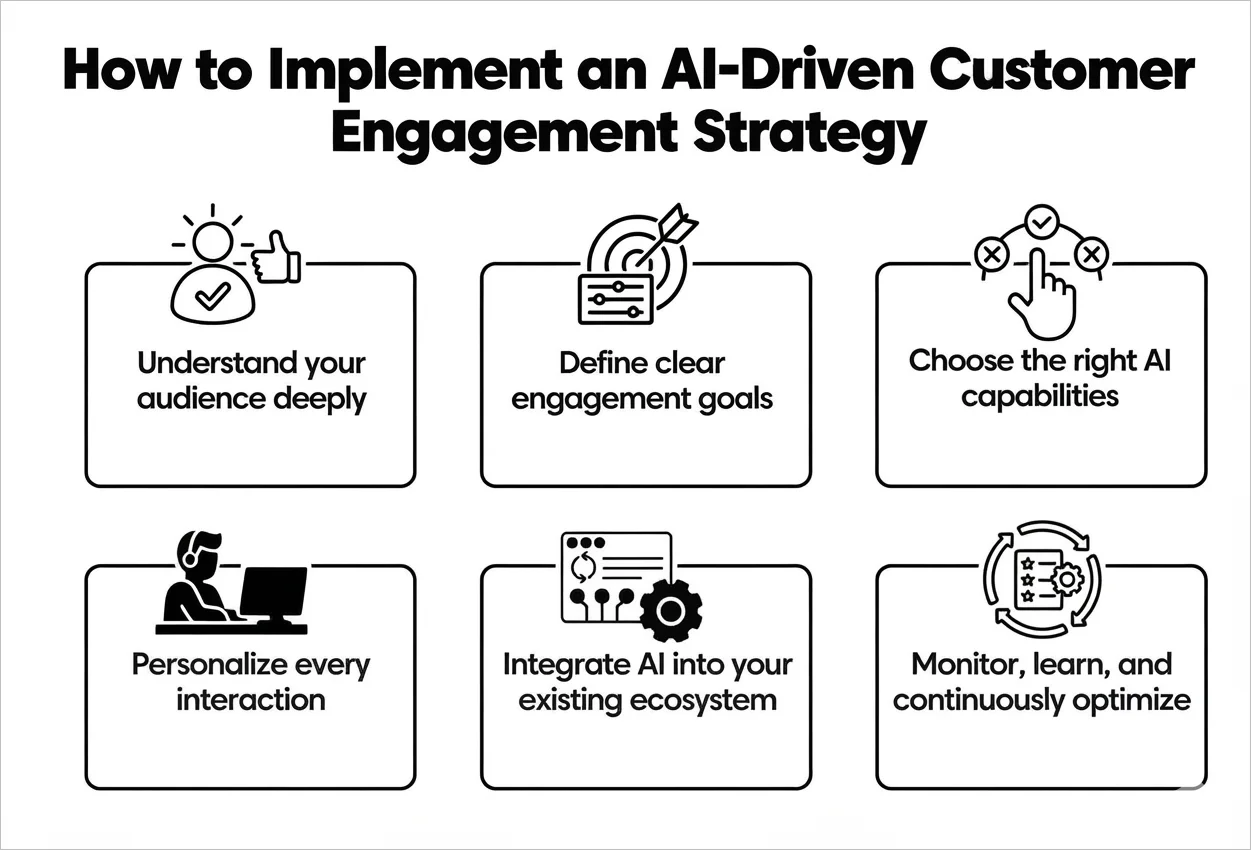 Visual showing AI implementation for customer engagement with data integration, AI agents, automation, and optimization
