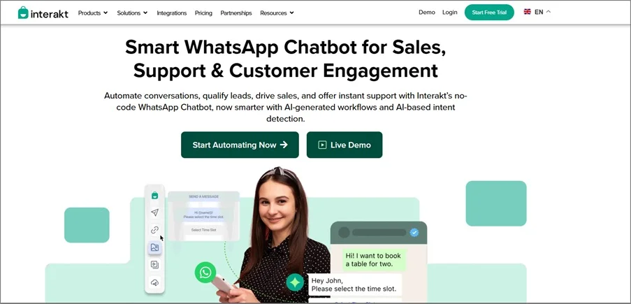 Image showing Interakt's homepage promoting a smart WhatsApp chatbot for sales, support, and customer engagement