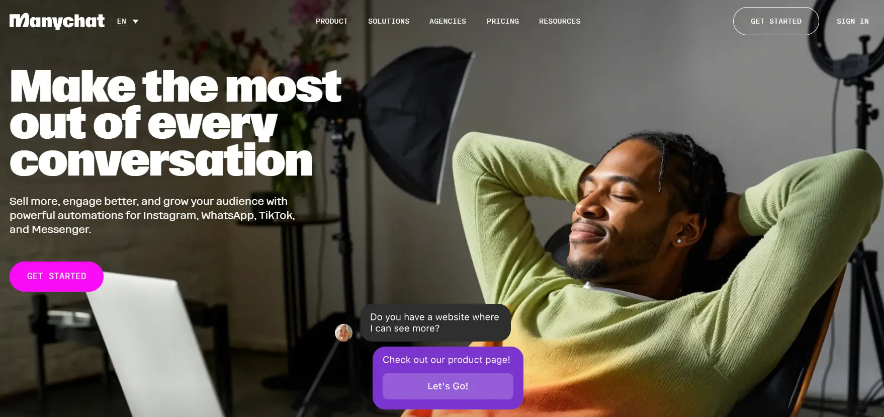 Manychat home page promoting conversational marketing to automate Instagram, Messenger, and SMS interactions.