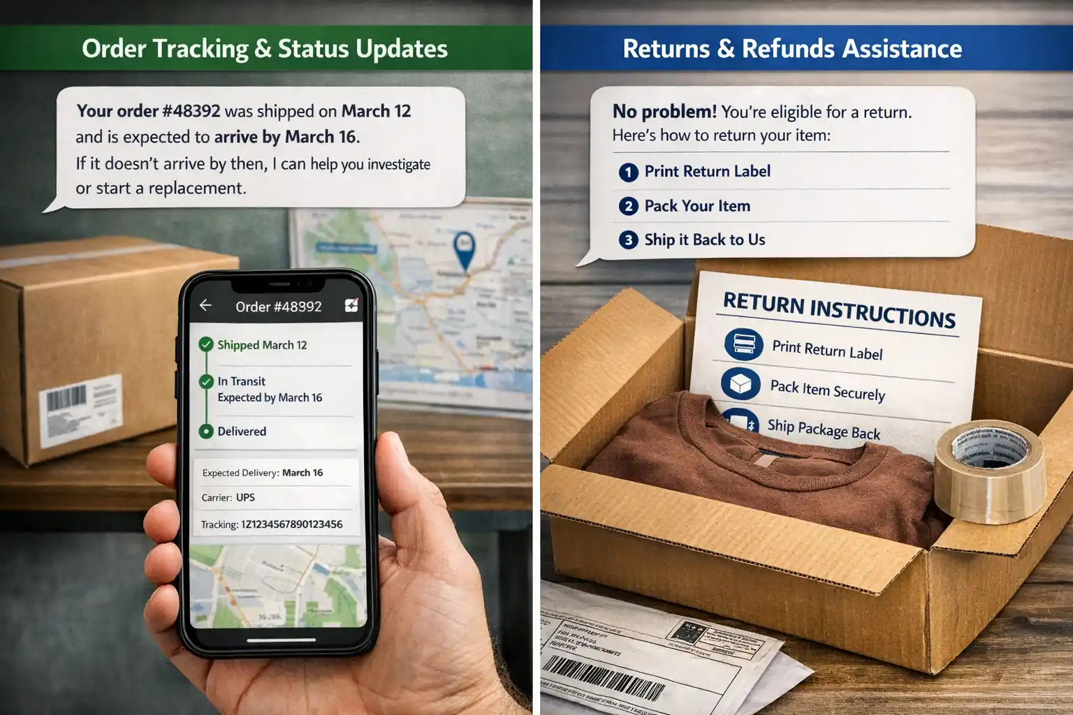 Order tracking and status updates shown on a mobile phone with shipped, in‑transit, and delivery details beside packages