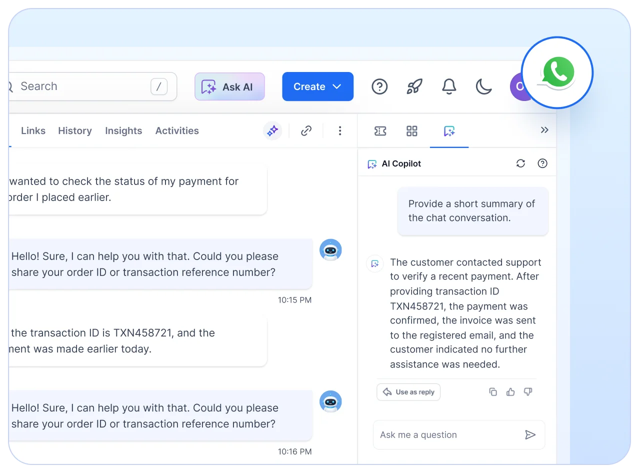 AI‑powered WhatsApp customer support interface delivering instant responses around the clock.