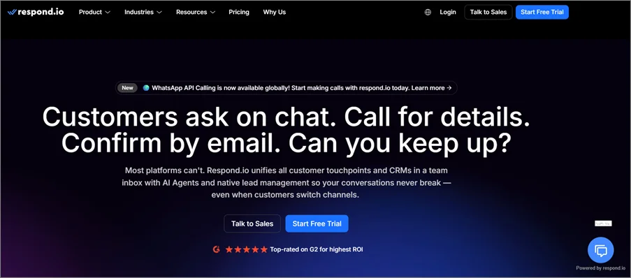 Infographic of the respond.io website displaying a WhatsApp chatbot for business and its automated customer service tools