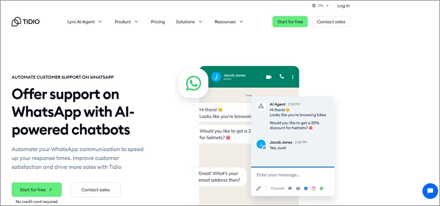 Infographic showing Tidio's homepage showcasing WhatsApp AI chatbot automation for business customer service on a mobile device