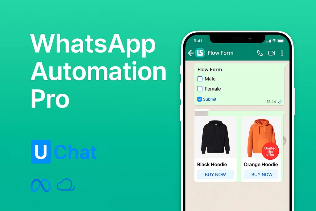 Image showing UChat mobile interface with WhatsApp chatbot automation and e-commerce sales features for business growth
