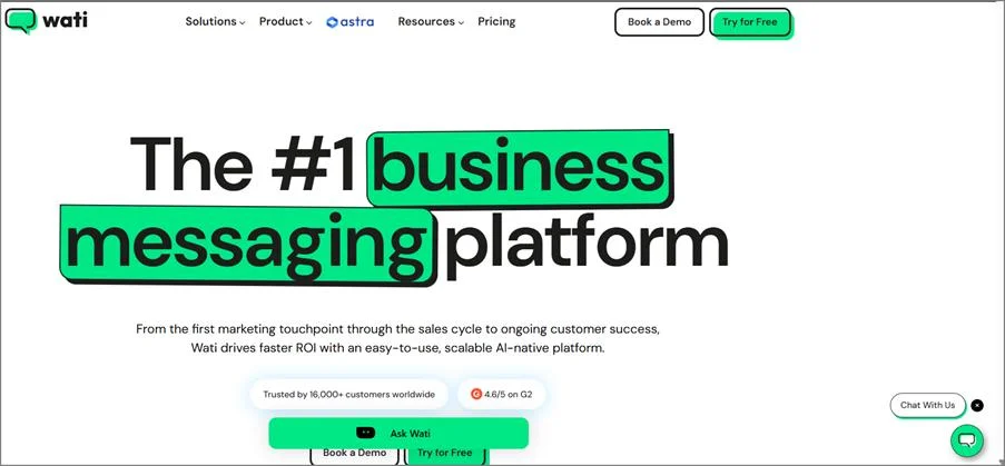 Image of the WATI landing page highlighting one of the best WhatsApp chatbots for business growth and support automation tools