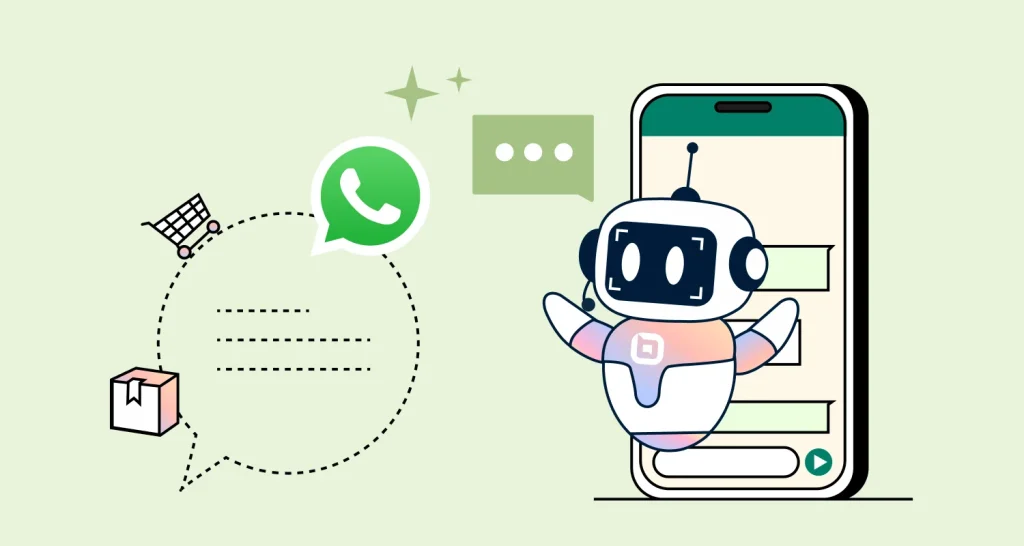 Banner illustration showing a WhatsApp AI agent assisting customers through chat, with icons representing orders, deliveries, and automated support inside a smartphone.
