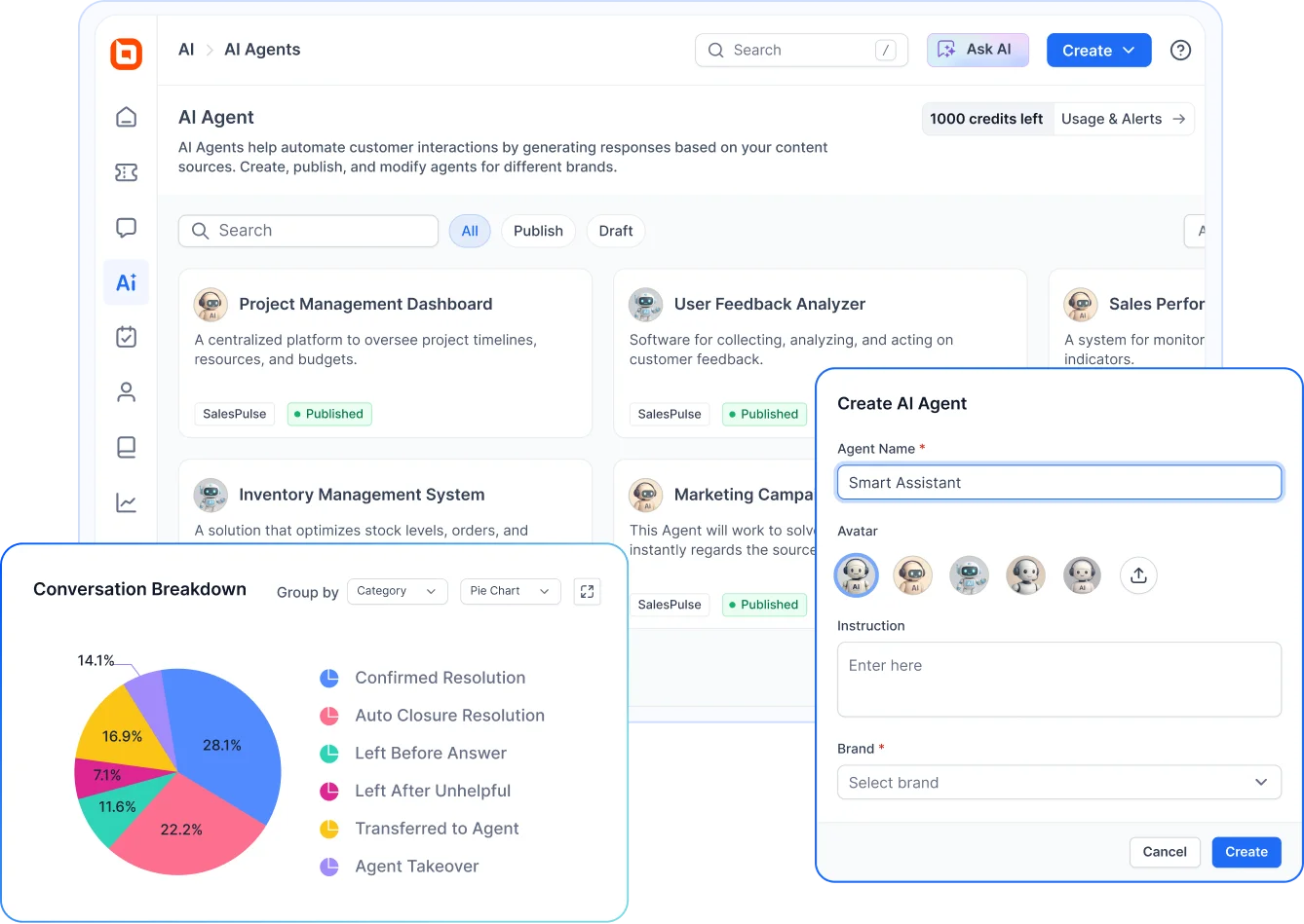 Create AI agents to automate customer support and analyze conversations.