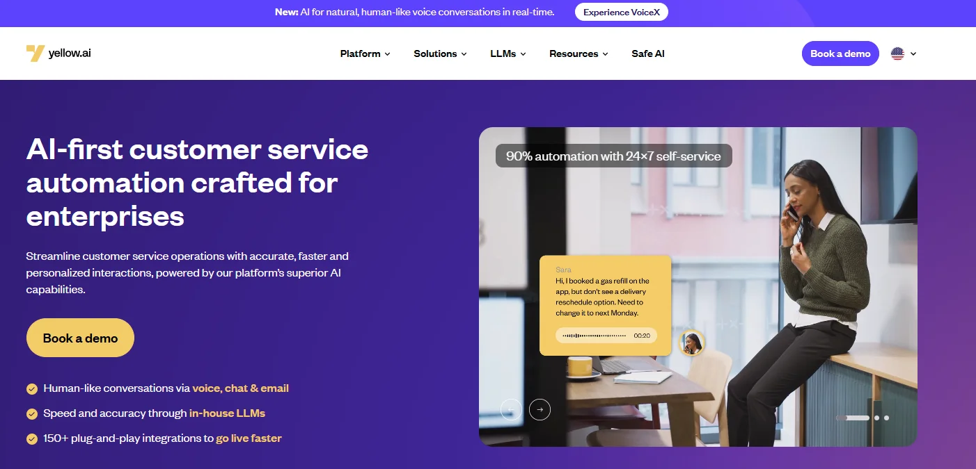 Image showing Yellow.ai's homepage promoting AI-first customer service automation for enterprises with a support chat demo overlay