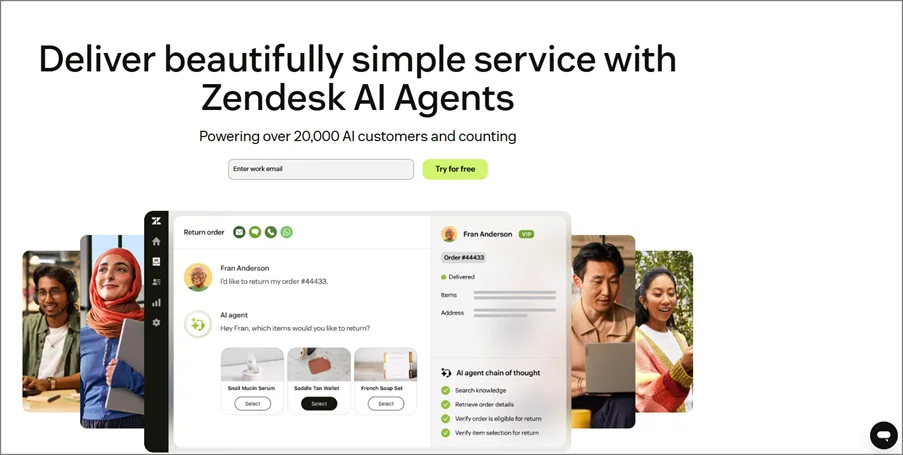 Infographic of the Zendesk landing page showing WhatsApp chatbot automation and AI agent tools for enterprise support