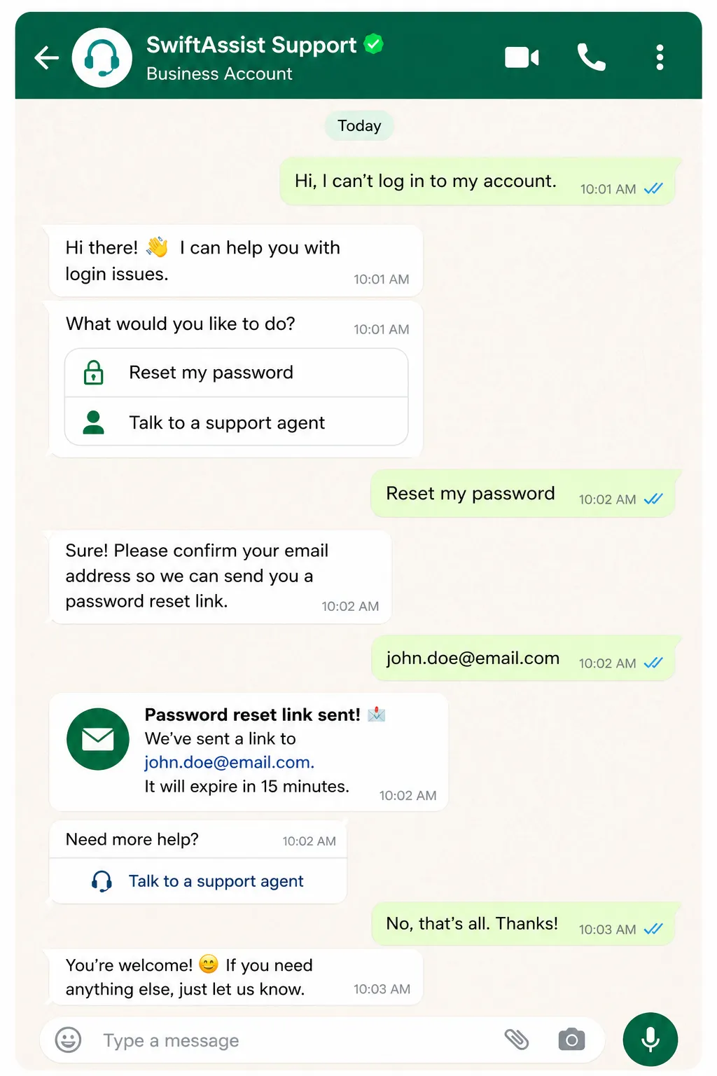 WhatsApp automation for customer support handling login issues with automated replies and agent handoff