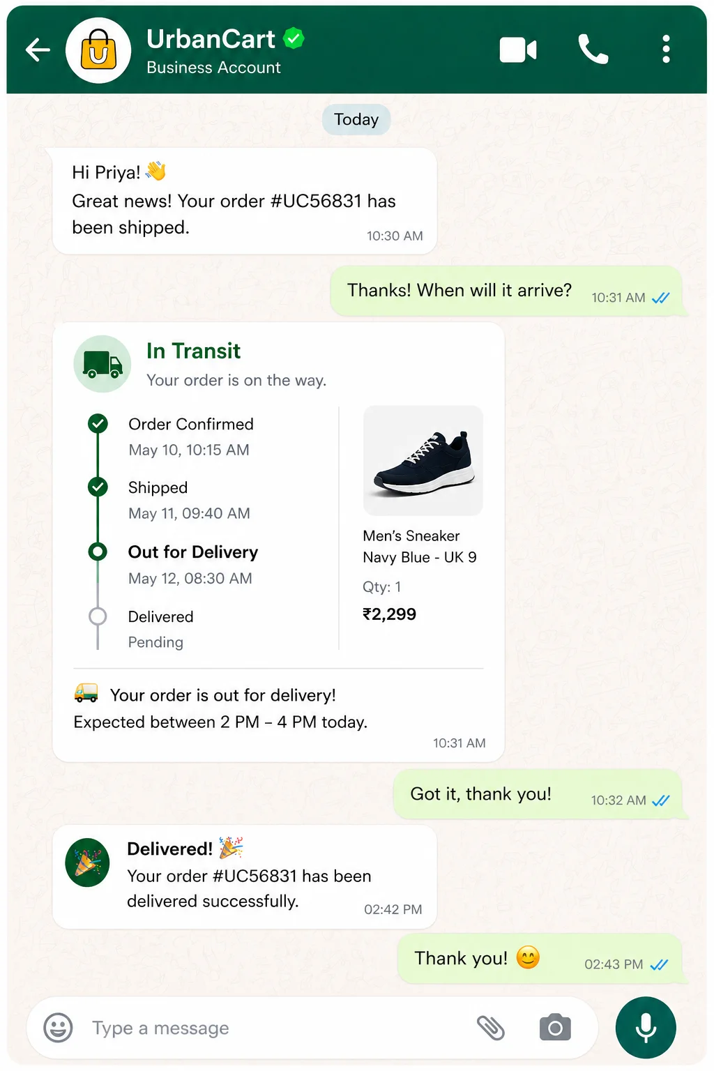 WhatsApp automation for customer support sending real‑time order and delivery updates