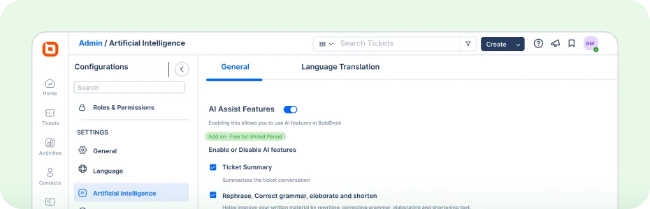 AI feature settings with ticket summaries and writing assistance.
