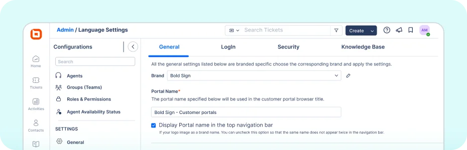 Language settings for customizing a branded customer support portal.