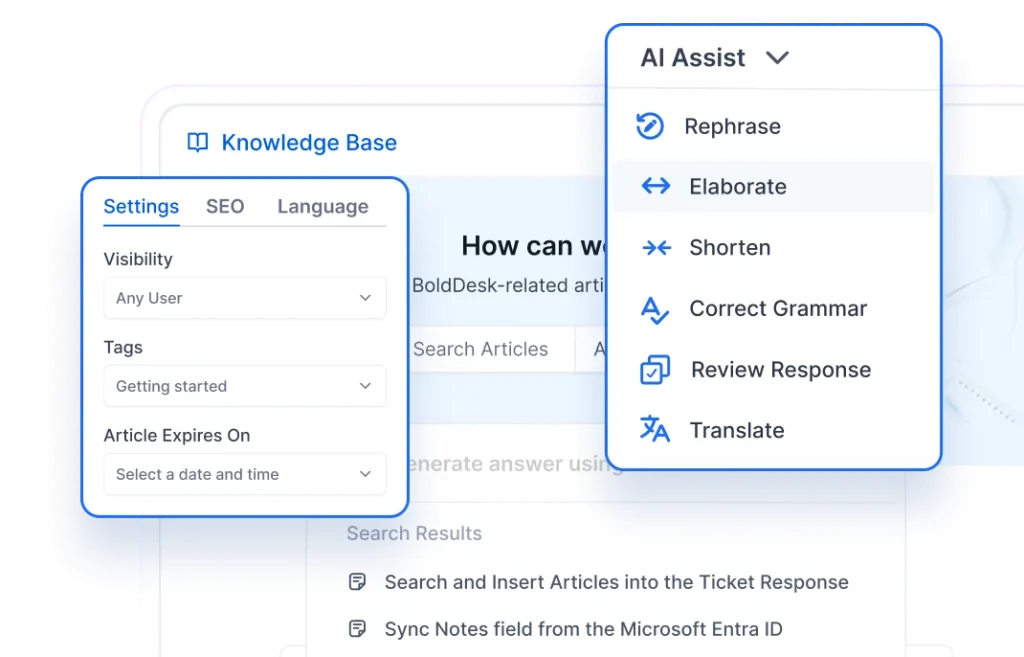 AI-powered knowledge base with article search and response assistance.