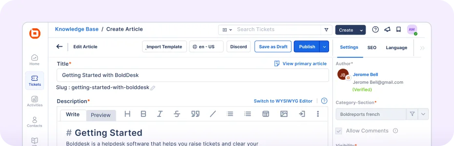 Knowledge base article editor with publishing and language settings.