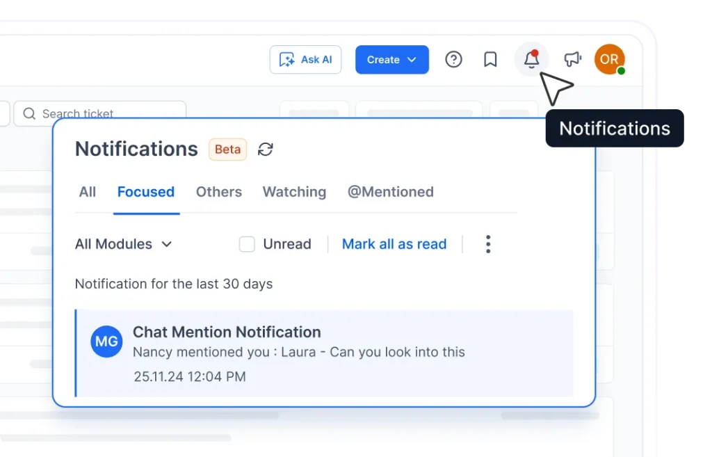 Notifications center with mentions, alerts, and unread activity.