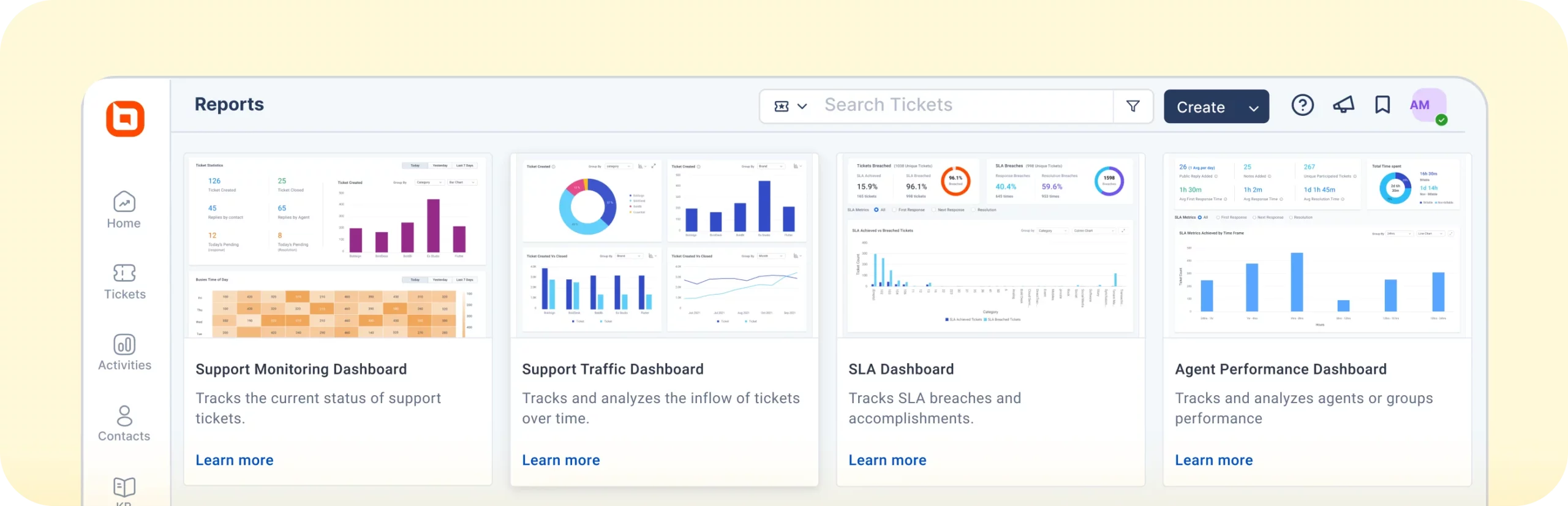 Reporting dashboard with ticket analytics, SLA metrics, support trends, and agent performance.