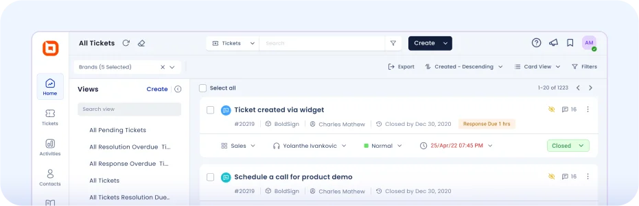 Ticket management dashboard displaying support requests, statuses, priorities, and filters.