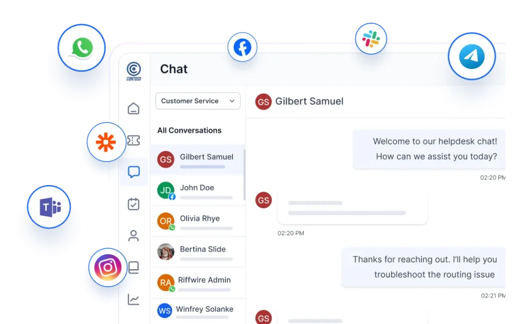 Omnichannel chat inbox with conversations from multiple messaging platforms.
