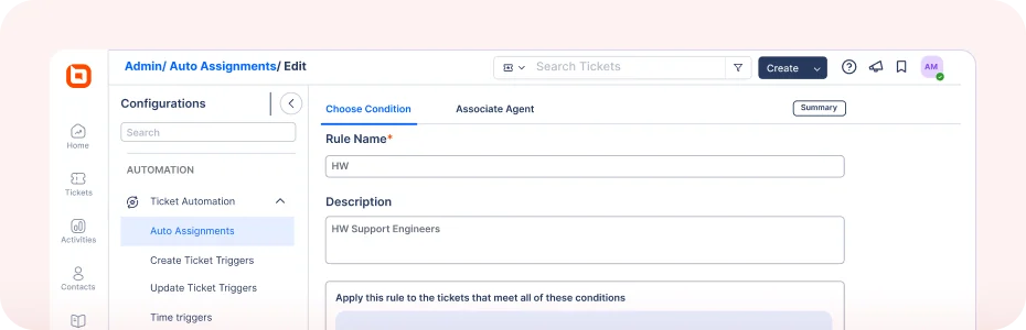 Auto-assignment rule setup with ticket conditions and agent mapping.