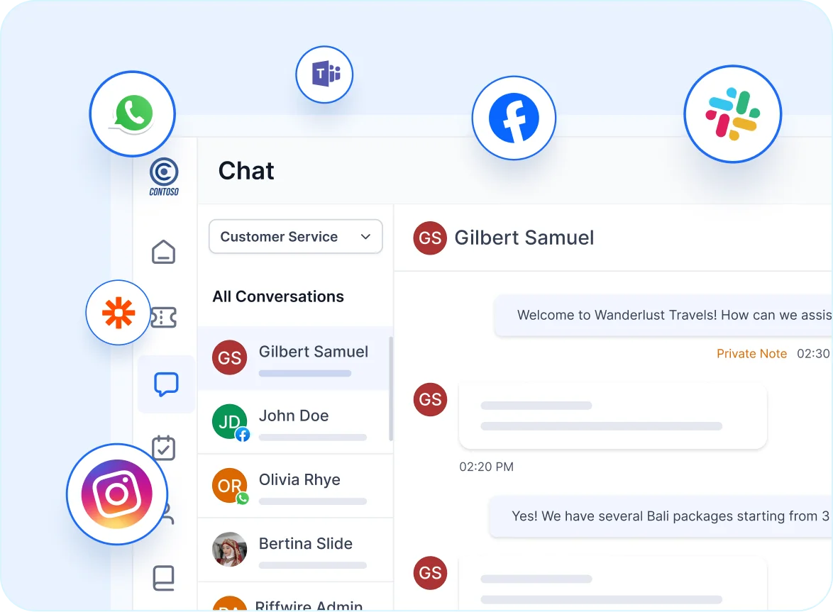 Manage traveler conversations across WhatsApp, Instagram, Facebook, Teams, and chat.