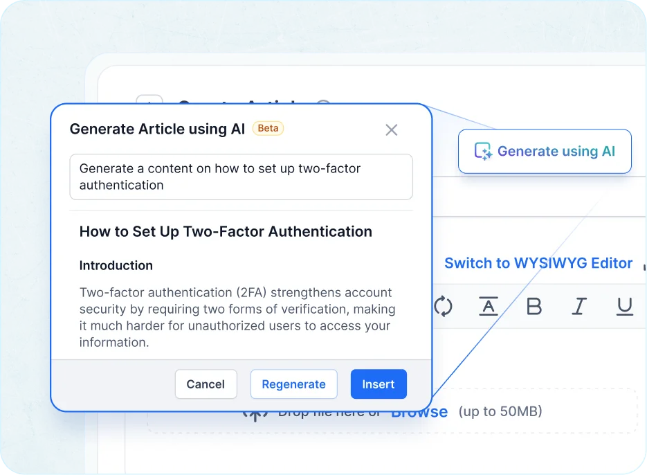 AI tool generating knowledge base articles from prompts for customer self-service.