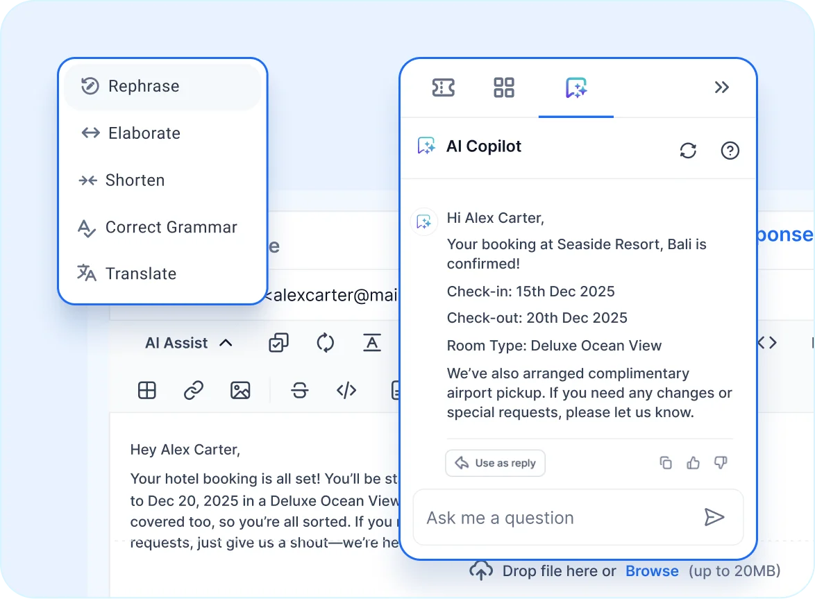 AI assistant drafts a hotel booking confirmation response.