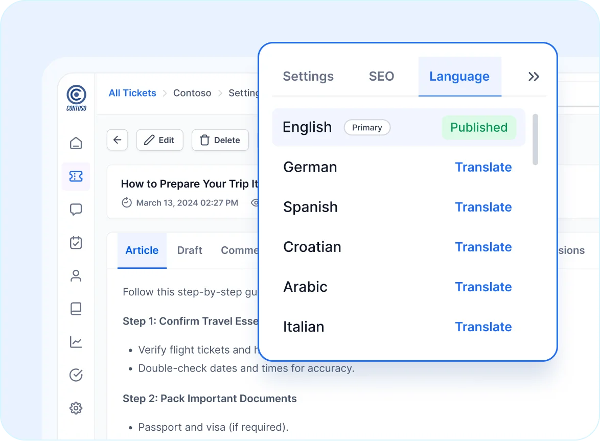 Multilingual knowledge base with translation options for traveler content.