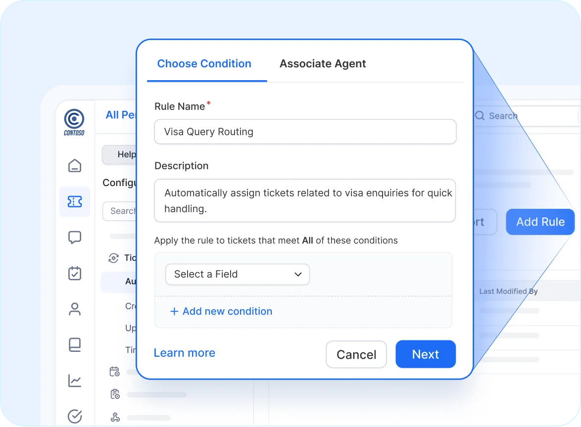 AI-powered ticket routing rule for visa inquiry assignment.