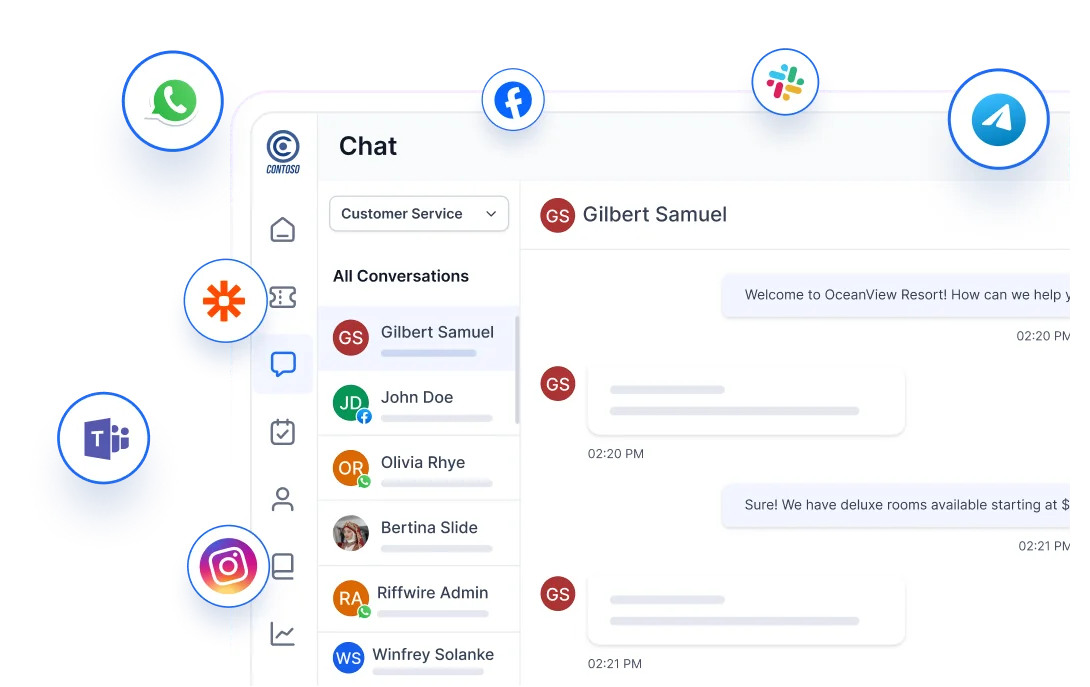 Omnichannel support dashboard managing customer chats across messaging and social platforms.
