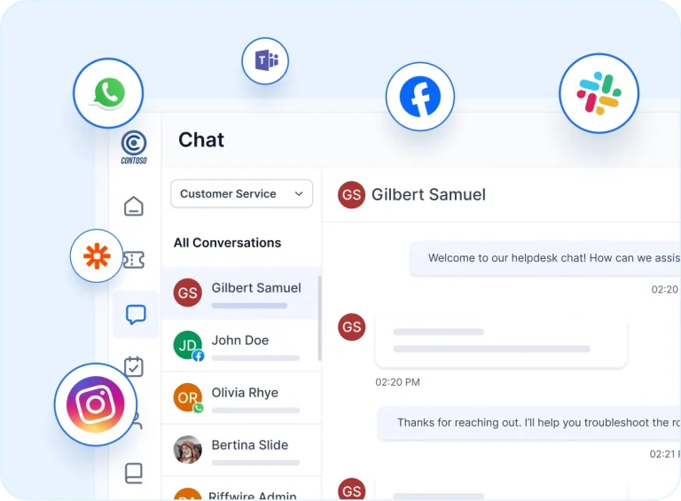 Help desk chat interfaces showing customer conversations and icons for WhatsApp, Facebook, Slack, and other channels.