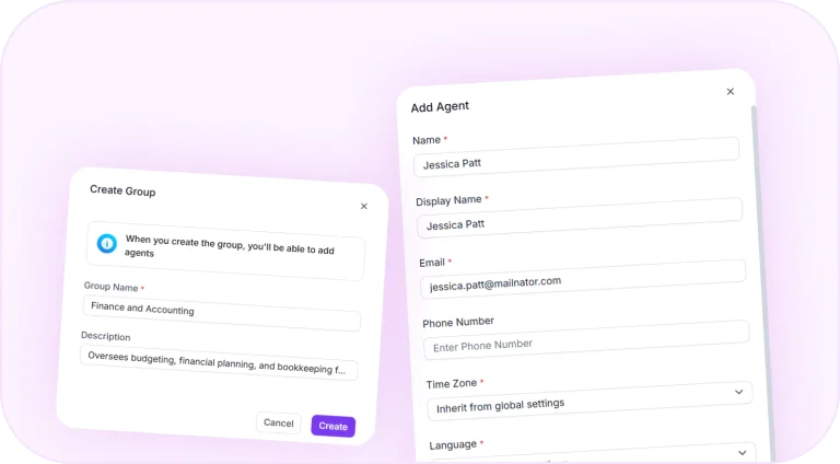 Agent and team setup forms for organizing support staff.