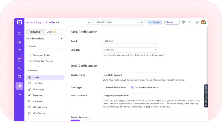 Support email configuration page for connecting customer support email accounts.