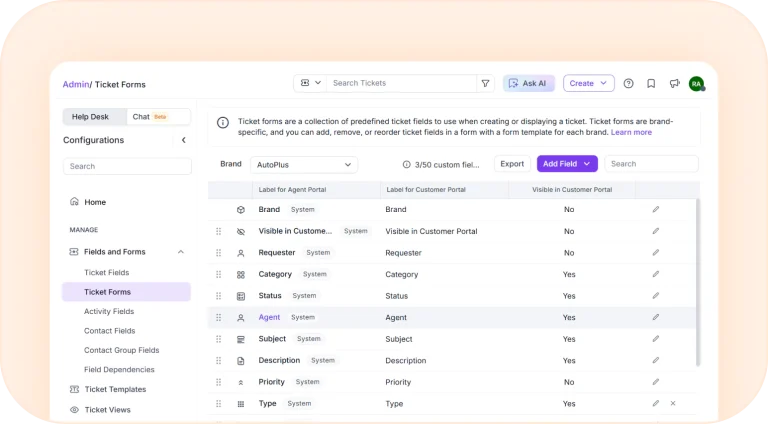 Customize ticket forms to improve support requests in the BoldDesk self-help portal.