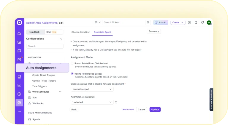 Auto-assignment settings for routing tickets to available agents.
