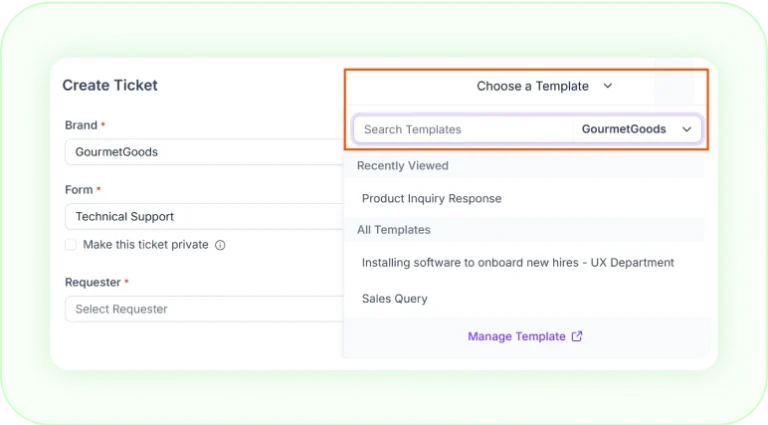 Ticket creation form with template selection menu open.