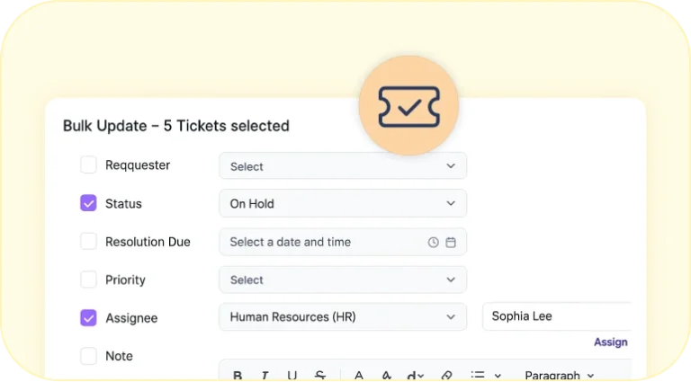 Bulk ticket update form for changing status, priority, and assignee.