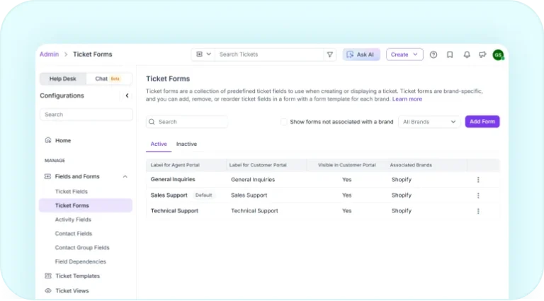 Ticket forms management page for creating and organizing support forms.