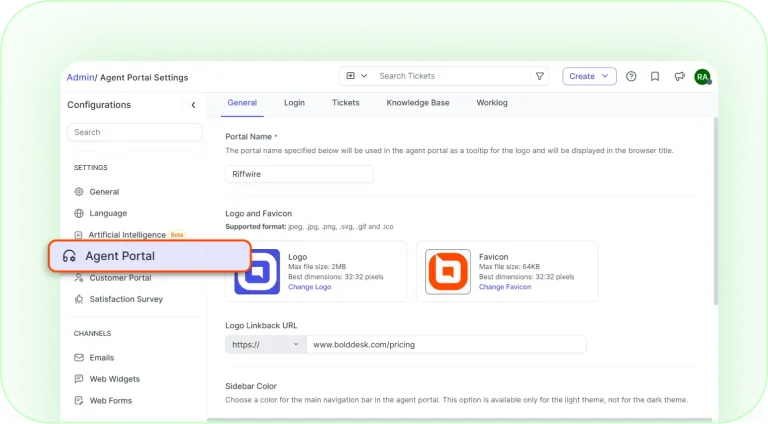 Agent portal settings page for customizing branding and interface options.