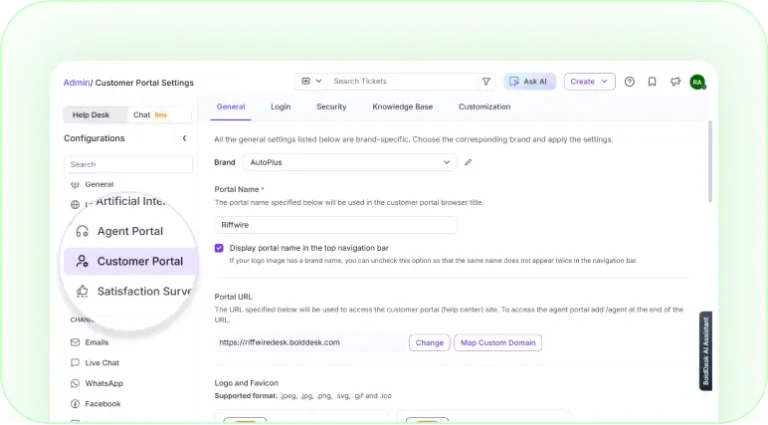 Custom domain settings for a customer support portal.