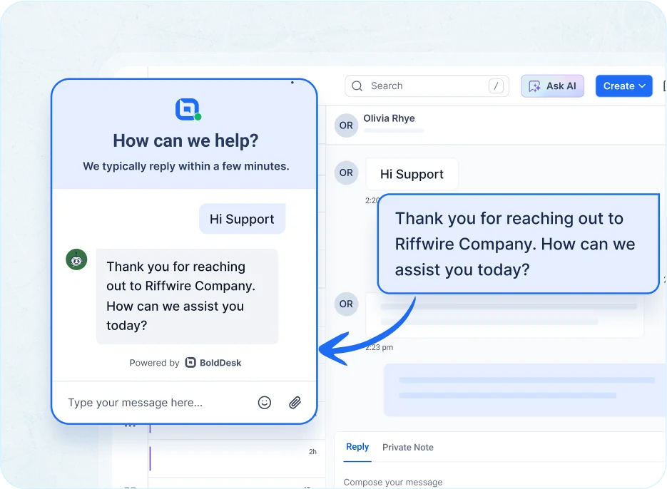 Live chat widget providing instant customer support and converting chats into tickets.