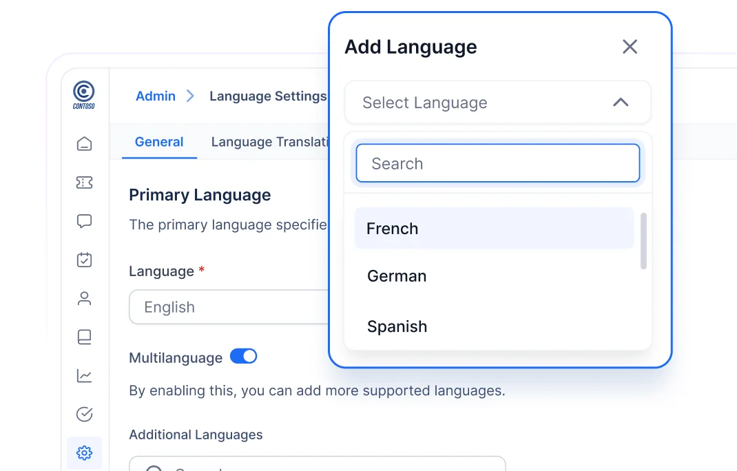 Multilingual settings for adding and managing supported languages.