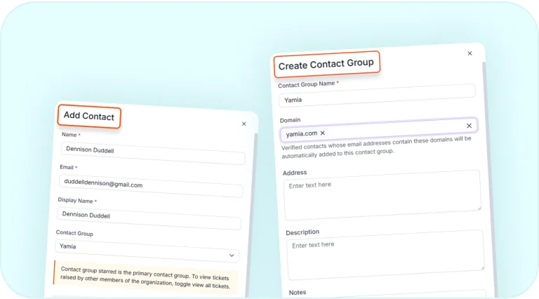 Contact management forms for adding contacts and creating groups.